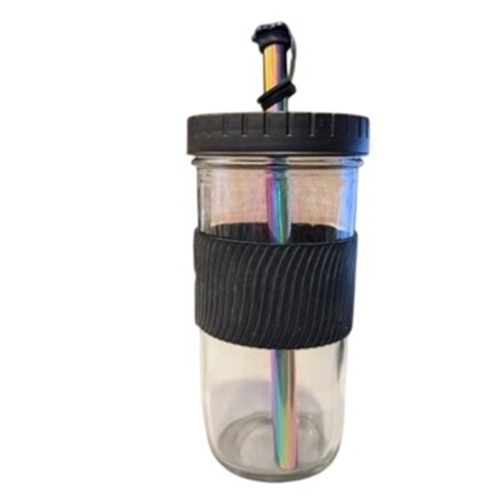 Mason Jar Glass Tumbler Black‎ Lid Rainbow Straw Reusable Travel Drink Cup
